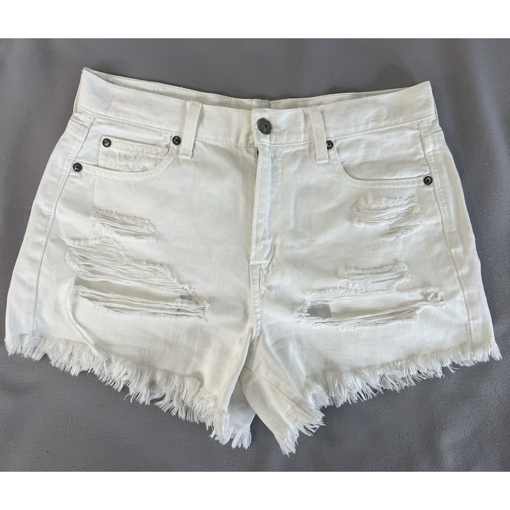American Eagle Festival High Rise MIDI Jean Shorts White Ripped Distressed Sz 10 - Picture 1 of 8